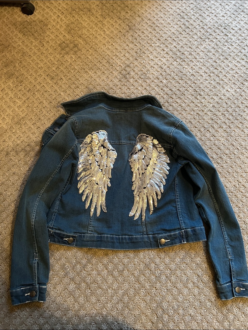 VENUS Dark Blue Denim Jacket with Silver Sequin Wing Back
